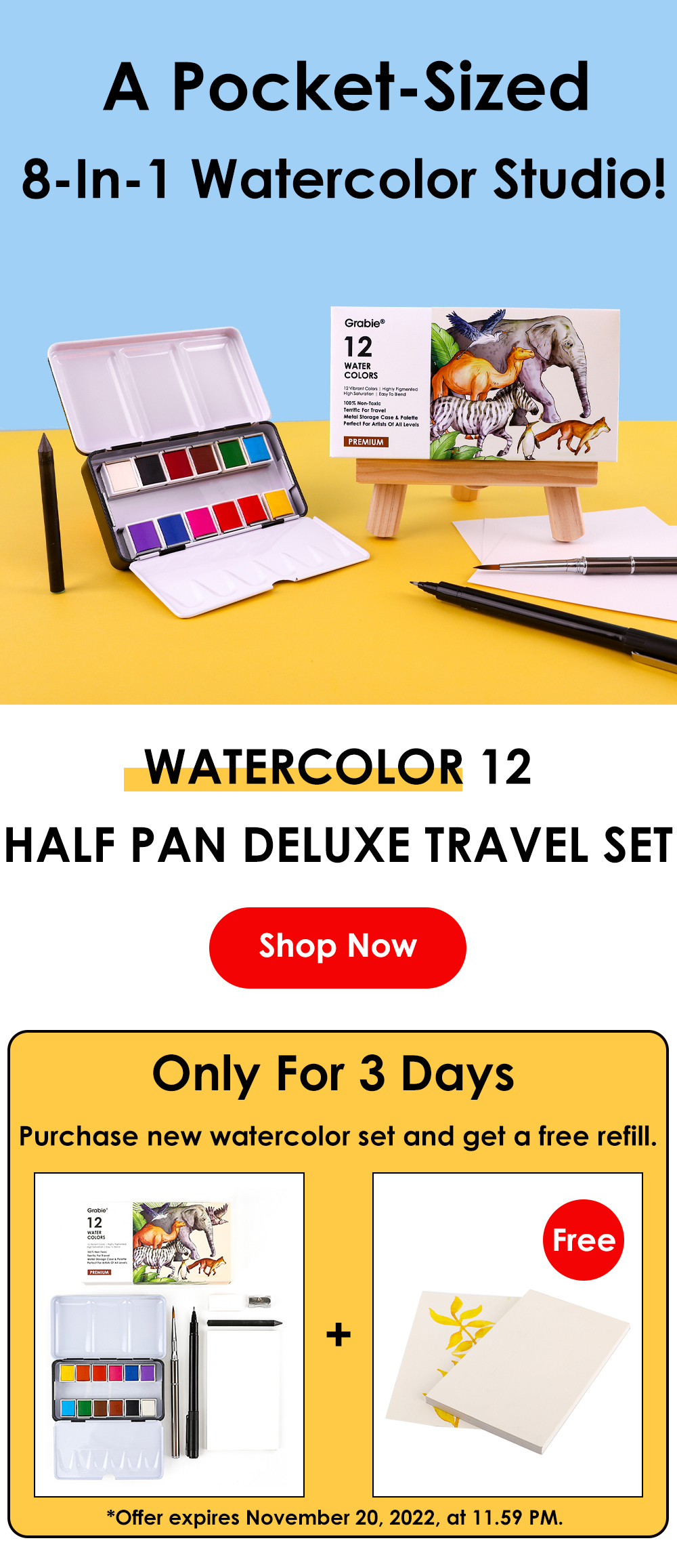Premium Watercolor 12 Half Pan Deluxe Travel Set